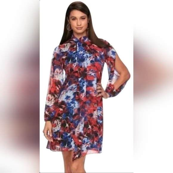 Jennifer Lopez Urban Allure Floral Tie Neck Chiffon Dress - Picture 2 of 8